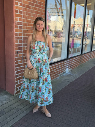 STRAPLESS DRESS, BLUE MULTI