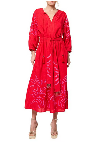 ELIZA EMBROIDERED LONG SLEEVE MIDI DRESS, RED/PINK