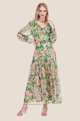V- NECK RUFFLES MAXI, GOLDEN MAGNOLIA