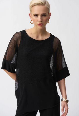 MESH AND SILKY KNIT COCOON TOP, BLACK
