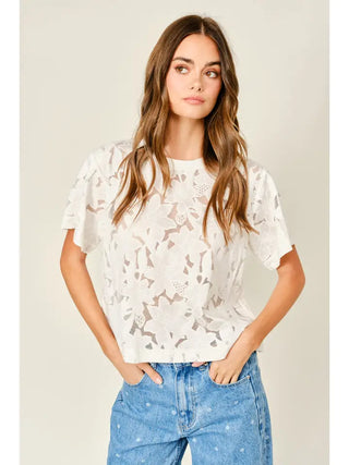 LACE FLORAL TOP, OFF WHITE