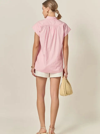 SCALLOP TRIM RIC RAC SHORT SLEEVE SHIRT, PINK