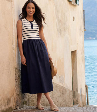 STRIPE MIXED MEDIA DRESS, NAVY, OFF WHITE