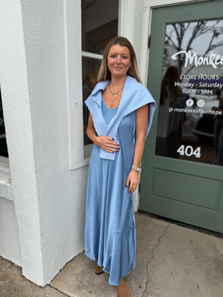 FULL LENGTH SLIP DRESS, DENIM BLUE