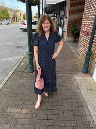EYELET DRESS, NAVY