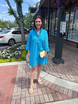 ARDEN DRESS, SWIM CAP BLUE EYELET