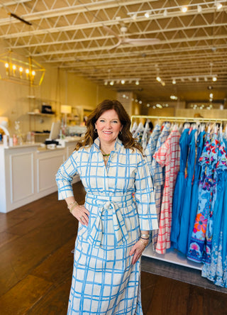GRACE DRESS, PAINTED PLAID IN BLUE
