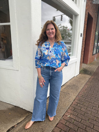CONTRAST TRIM PEASANT TOP, NAUTICAL WHIRL