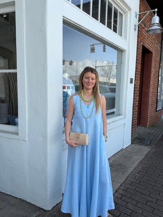 LINEN V NECK TANK DRESS WITH POCKETS, SKY BLUE