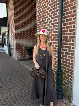 LINEN V-NECK/BACK MAXI TANK DRESS WITH POCKETS,  CHOCOLATE