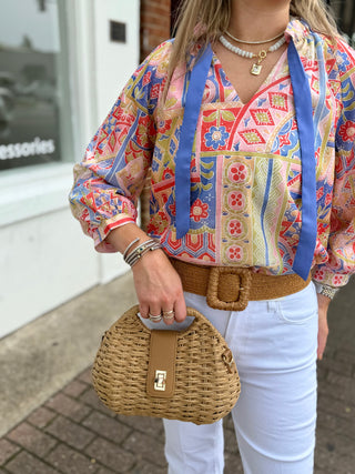 RUCHED NECK PEASANT TOP, PATCHWORK