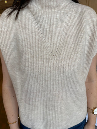 SHORT SLEEVE MOCK NECK KNIT TOP, CREAM