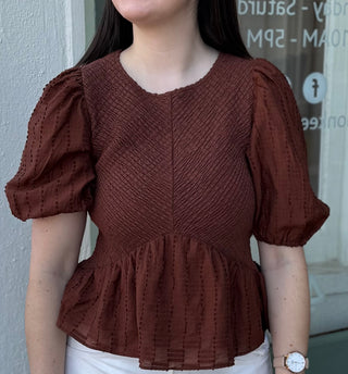ESRA SMOCKED PEPLUM TOP, BROWN
