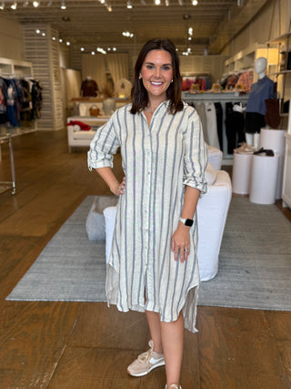 BUTTON DOWN MIDI DRESS, CAMEL/ BLUE STRIPED ROLL TAB SLEEVE