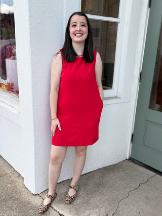 EMBELLISHED NECK SHIFT DRESS, RED