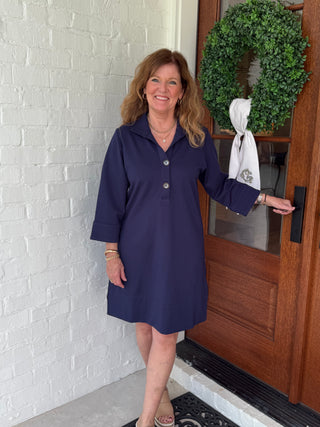 ARDEN DRESS, NAVY KNIT PONTE