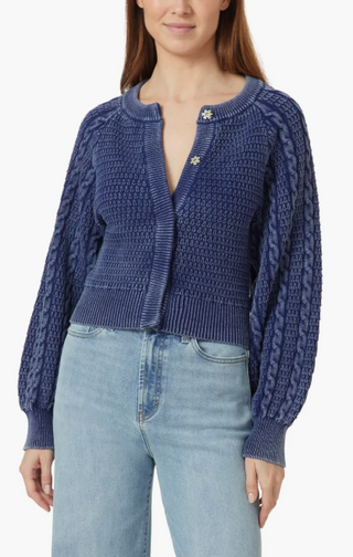 WASHED CABLE CARDIGAN, INDIGO BLUE