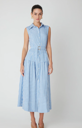 LORIN DRESS, BLUES WHITE STRIPE