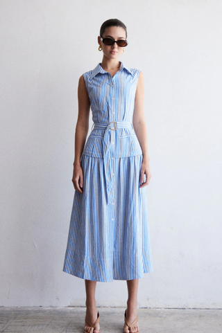 LORIN DRESS, BLUES WHITE STRIPE