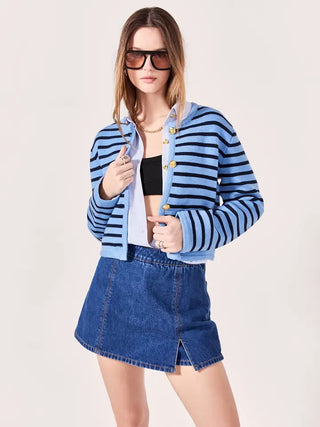 KNIT STRIPED SWEATER CARDIGAN, POWDER BLUE/NAVY