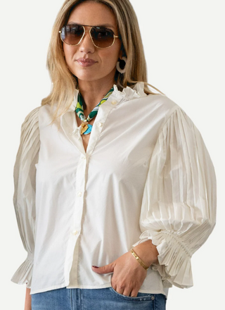 THE KENDALL PLEATED BUTTON DOWN BLOUSE, WHITE
