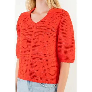 Short Sleeve Knitted Collared Top, RED