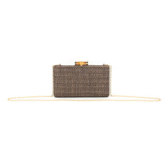 STRAW CLUTCH WITH WOODEN CLOSURE, CHOCOLATE