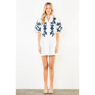 EMB PUFF SLEEVE SHOHRT DRESS, WHITE