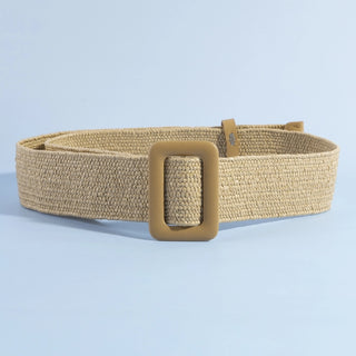 Wide Woven Straw Belt with Square Buckle