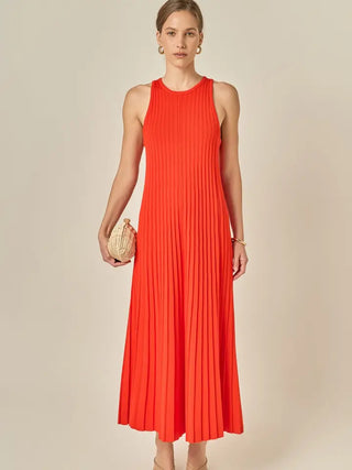 PLEATED A-LINE KNIT MIDI, ORANGE RED
