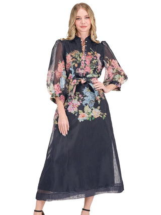 STAND COLLAR A-LINE DRESS, MOONLIT GARDEN