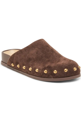 Joney Stud Flat Mule, Dark Brown Suede