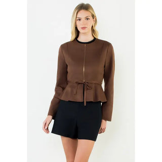 Zipper Jacket with Tie Waist, Brown
