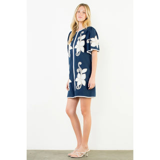 SHORT SLEEVE FLORAL EMBROIDERY DRESS, NAVY