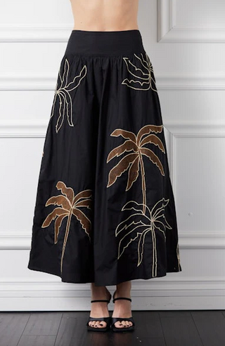 EMBROIDERED PALM TREE SKIRT, BLACK/BROWN
