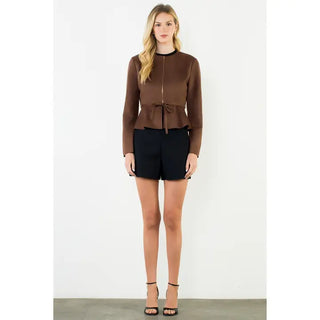 Zipper Jacket with Tie Waist, Brown