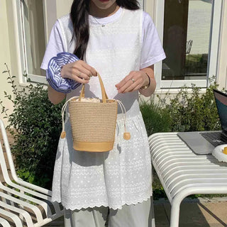 Straw Bucket/Crossbody Bag, Beige