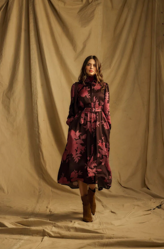 SHIRT DRESS WITH TIE BELT, BROWN ROSE PRINT