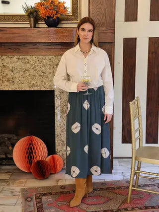 SALLY MIDI SKIRT,  DEEP TEAL GREEN TIE DYE