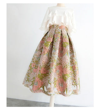 Embroidered High Waist Organza Skirt, Pink Floral