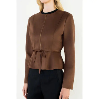 Zipper Jacket with Tie Waist, Brown