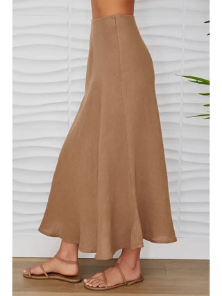 CRINKLE LINEN MIDI SKIRT, TOBACCO