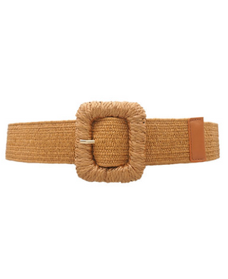 Rectangle Buckle Straw Stretch Belt, Cognac