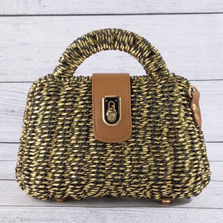 Woven Straw Turn Lock Top Handle Handbag