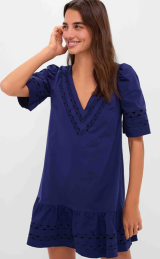 V-NECK PUFF SLEEVE DRESS, NAVY