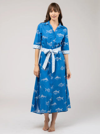 ELOISE DRESS, FISH- BLUE