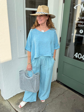 LINEN CROP TOP, BLUE ZUCCERO