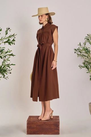 LINEN BELT MIDI DRESS, BROWN