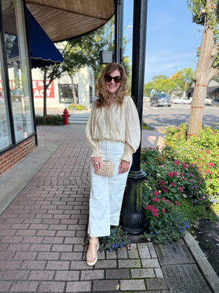 SPLIT RUFFLE NECK TOP, CREAM