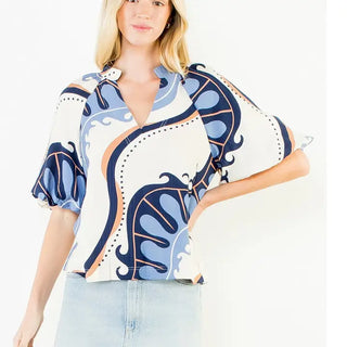 PUFF SLEEVE TOP, ABSTRACT PRINT